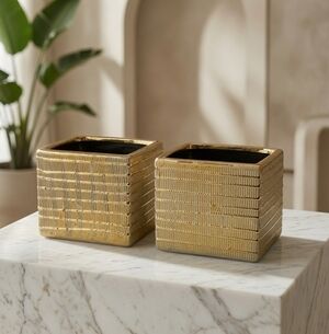 Textured Gold Ceramic Cube Planters Set of 2 Handmade 5x5x4 Home Decor New